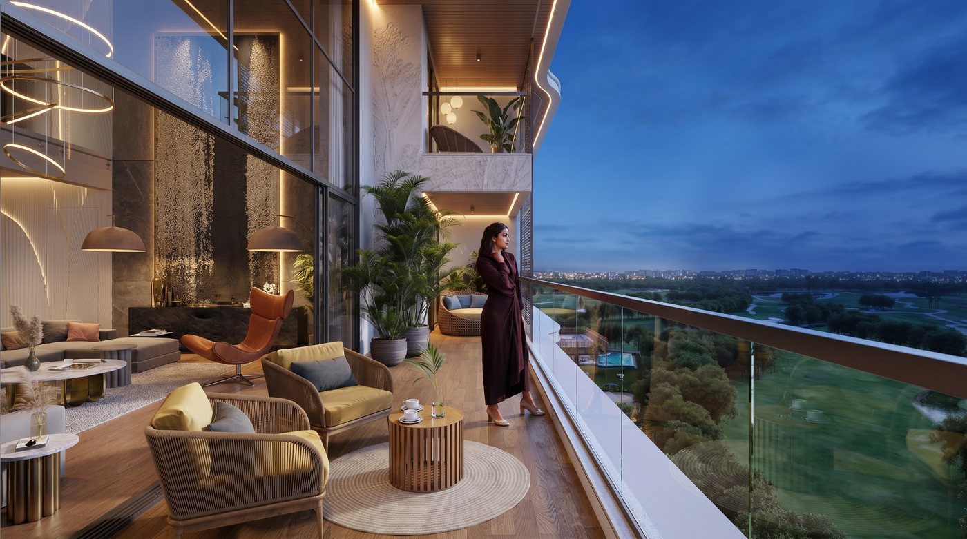 A penthouse balcony over the greens, representative image