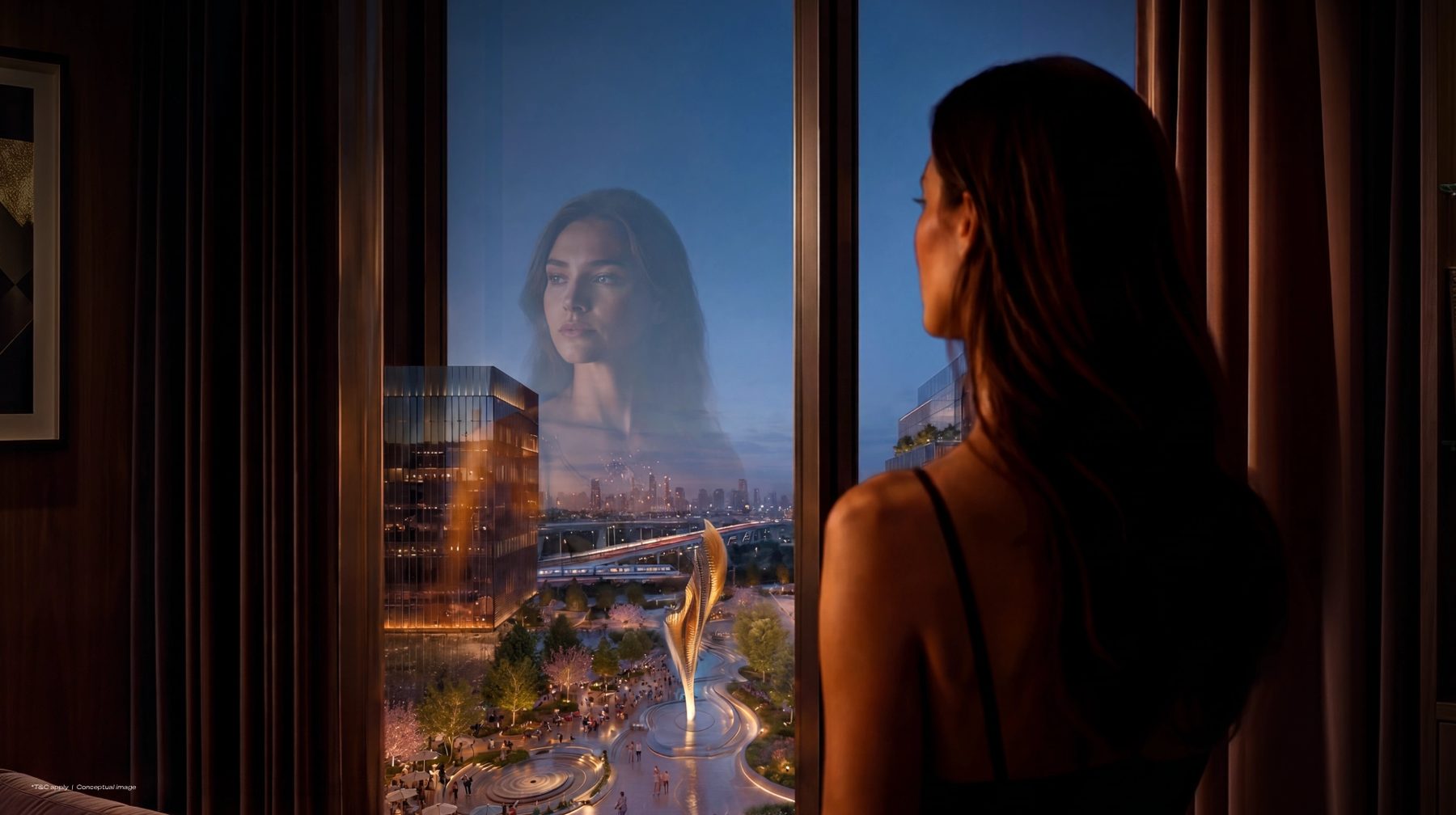 A resident looking out from a Century Astoria home over the plaza of Century Immencity, representative image